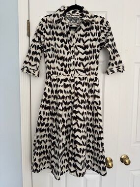 Samantha Sung Black, White & Brown Animal Print Midi Shirt Dress Size 2